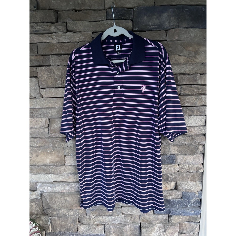Footjoy Mens XL Blue White Pink Striped‎ Short Sleeve Golf Polo Shirt